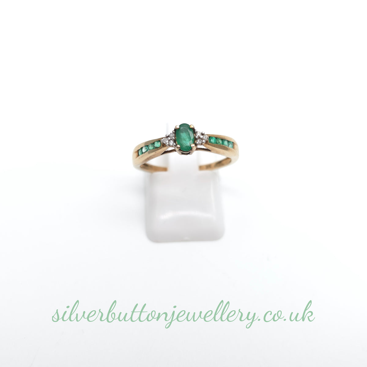 9ct Yellow Gold Emerald And Diamond With Channel Set Emerald Shoulders Ring