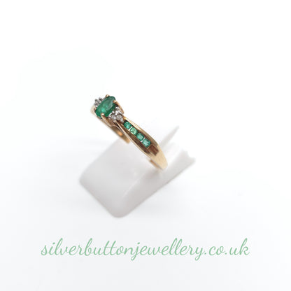 9ct Yellow Gold Emerald And Diamond With Channel Set Emerald Shoulders Ring