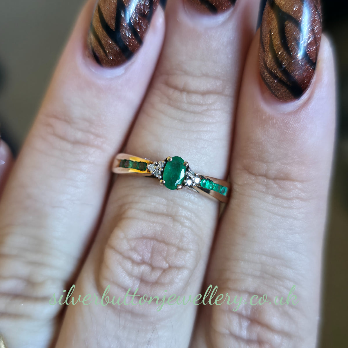 9ct Yellow Gold Emerald And Diamond With Channel Set Emerald Shoulders Ring