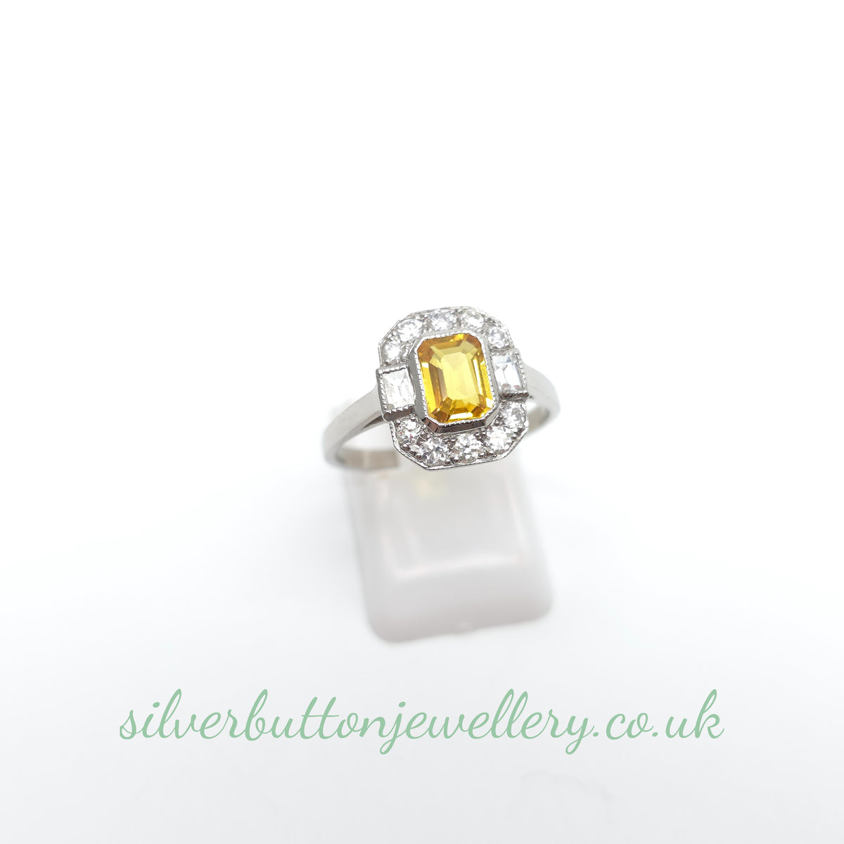 Platinum Antique Emerald Cut Yellow Sapphire And Diamond Deco Style Cluster Ring