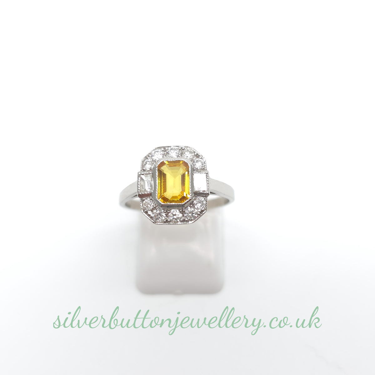 Platinum Antique Emerald Cut Yellow Sapphire And Diamond Deco Style Cluster Ring