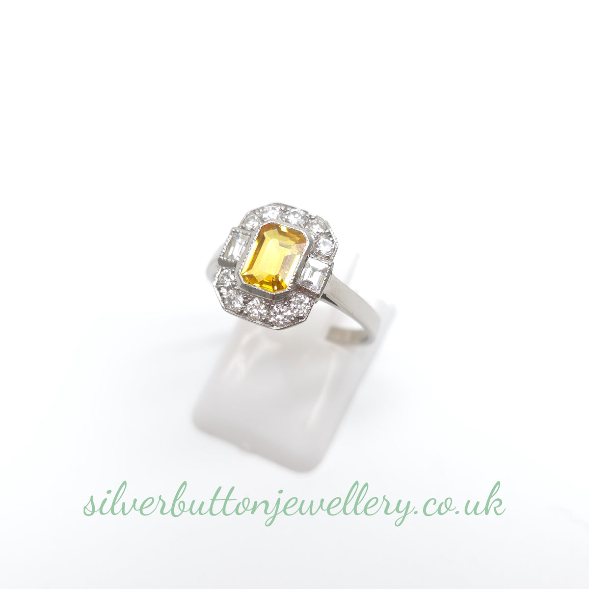 Platinum Antique Emerald Cut Yellow Sapphire And Diamond Deco Style Cluster Ring