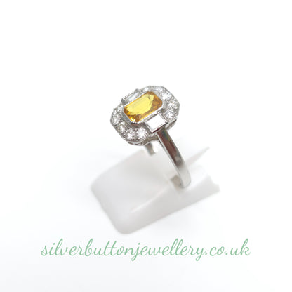 Platinum Antique Emerald Cut Yellow Sapphire And Diamond Deco Style Cluster Ring