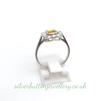 Platinum Antique Emerald Cut Yellow Sapphire And Diamond Deco Style Cluster Ring