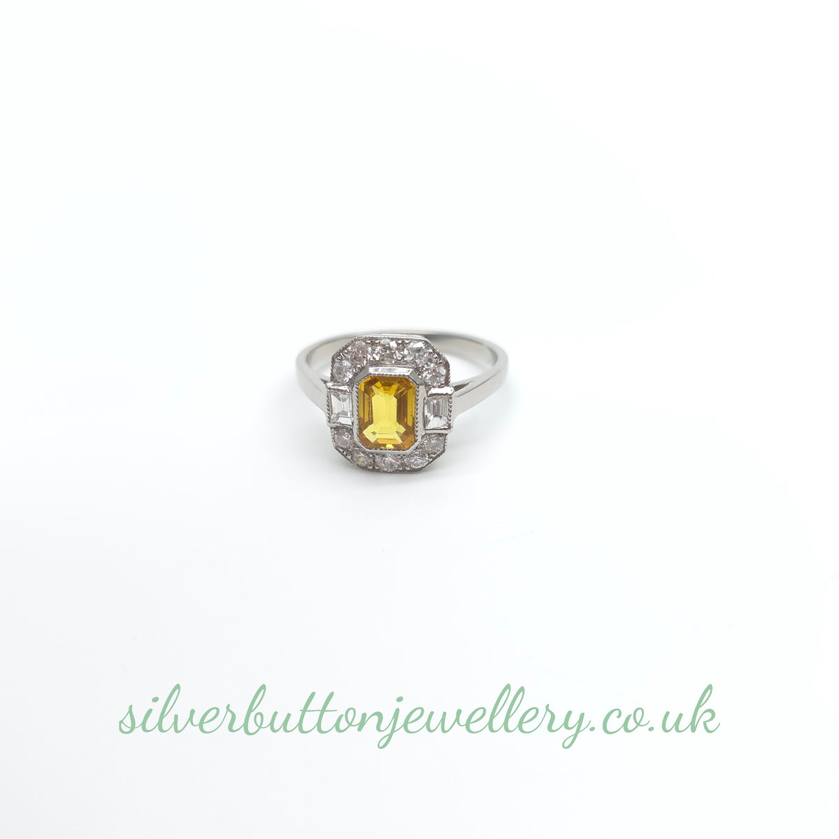 Platinum Antique Emerald Cut Yellow Sapphire And Diamond Deco Style Cluster Ring