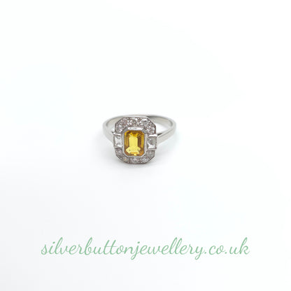 Platinum Antique Emerald Cut Yellow Sapphire And Diamond Deco Style Cluster Ring