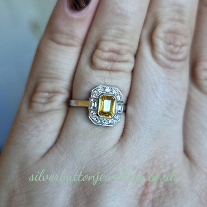 Platinum Antique Emerald Cut Yellow Sapphire And Diamond Deco Style Cluster Ring