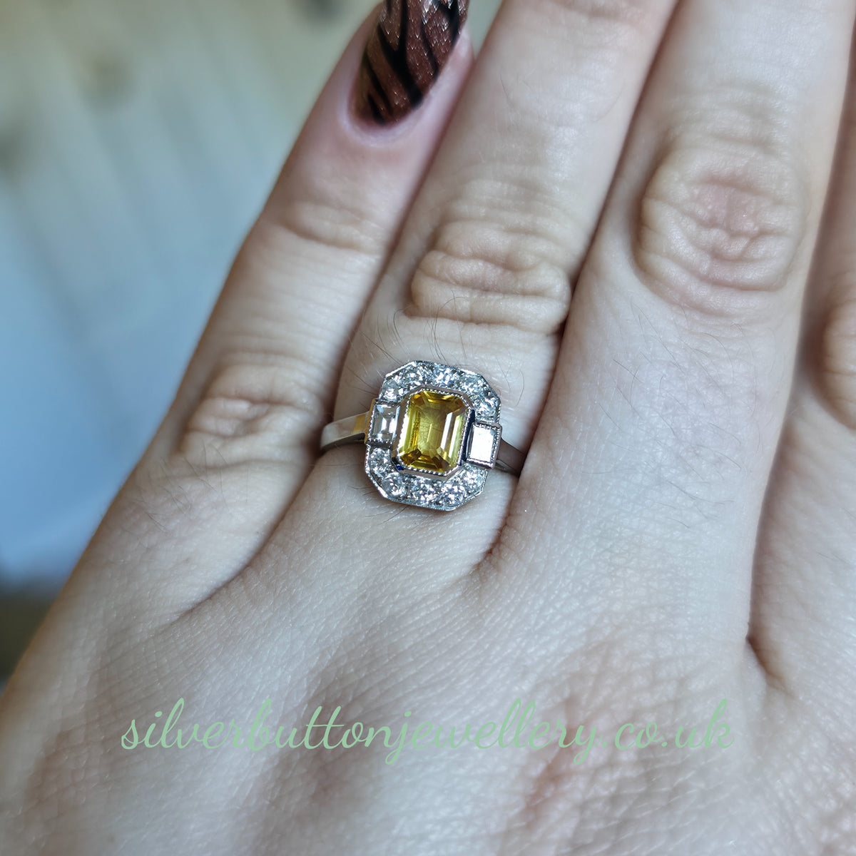 Platinum Antique Emerald Cut Yellow Sapphire And Diamond Deco Style Cluster Ring