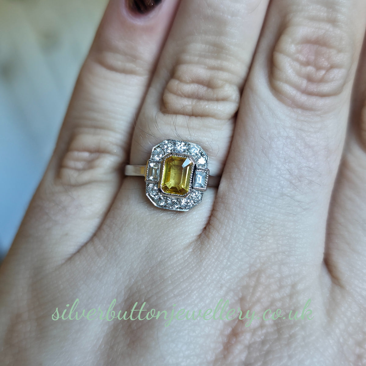 Platinum Antique Emerald Cut Yellow Sapphire And Diamond Deco Style Cluster Ring