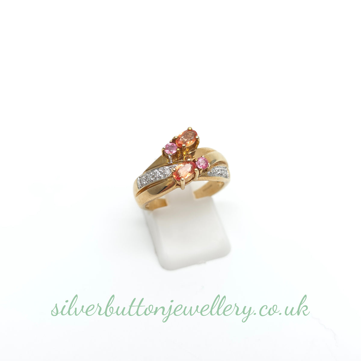 9ct Yellow Gold Ceylon Padparadscha Sapphire And Diamond Wide Band Ring