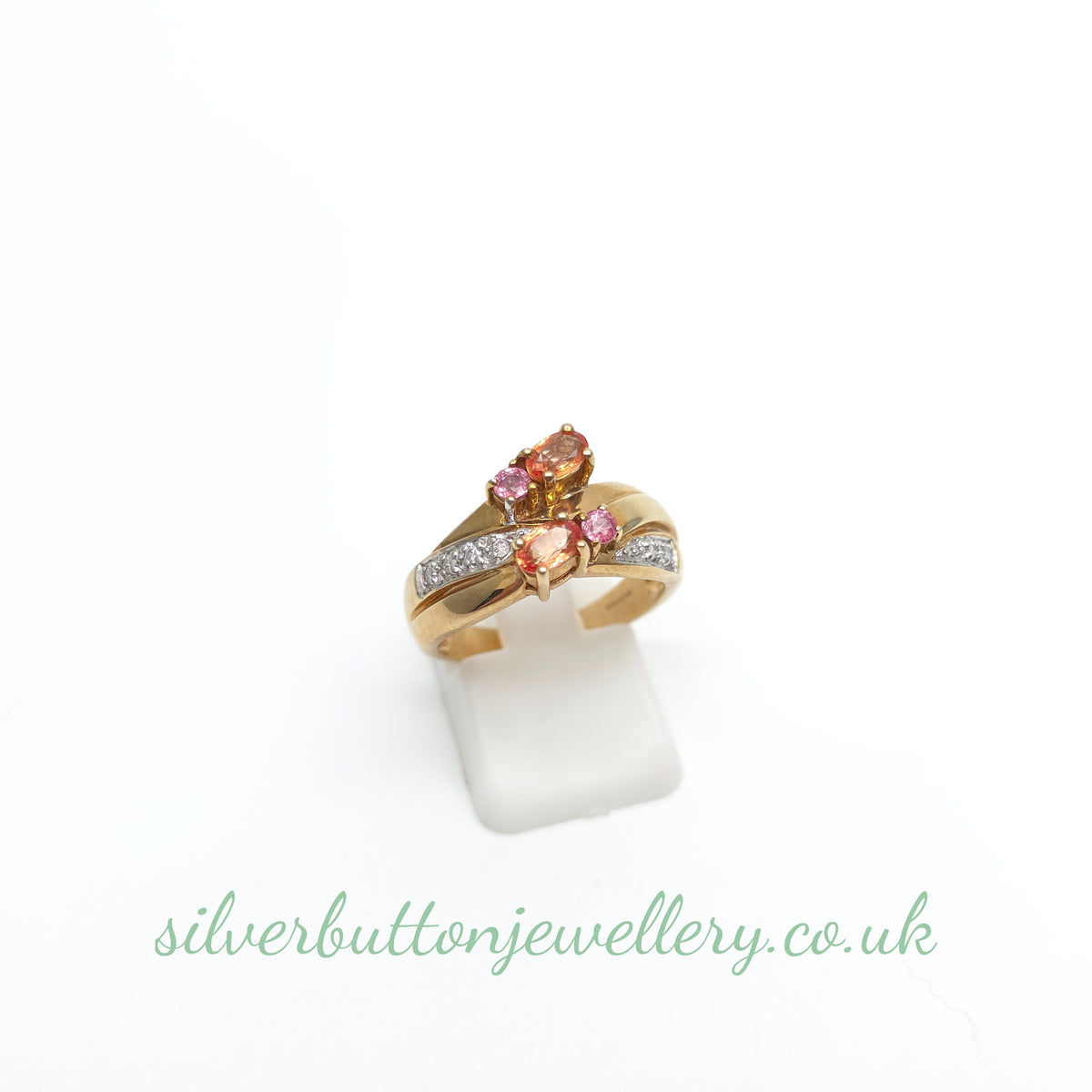9ct Yellow Gold Ceylon Padparadscha Sapphire And Diamond Wide Band Ring