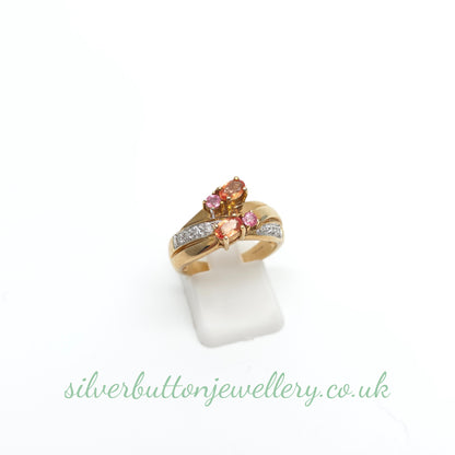 9ct Yellow Gold Ceylon Padparadscha Sapphire And Diamond Wide Band Ring