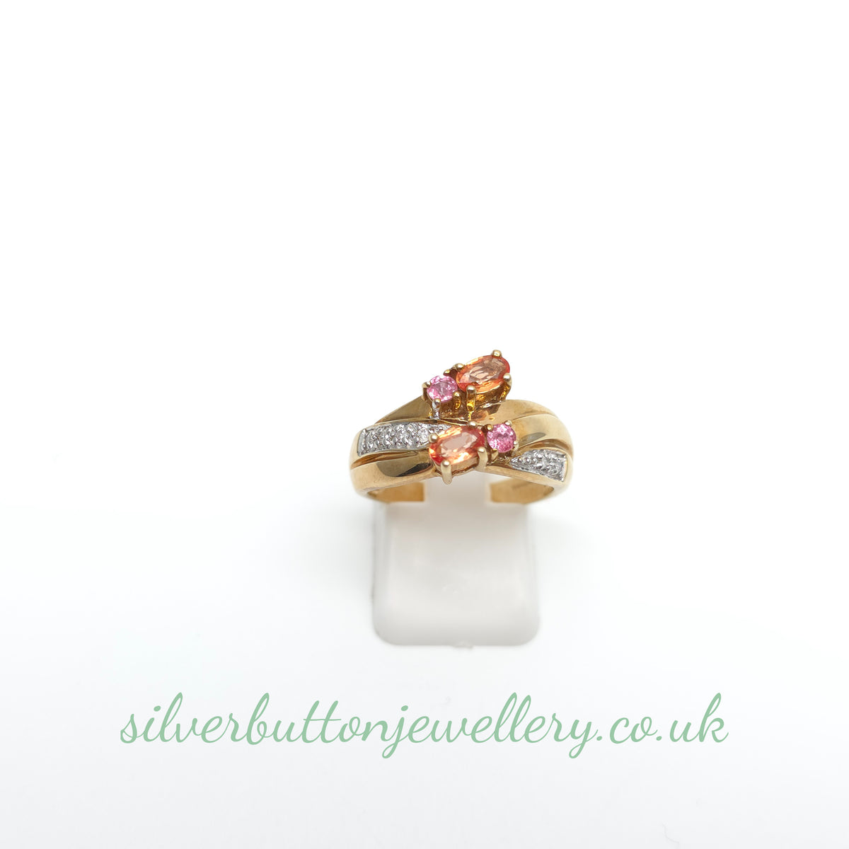 9ct Yellow Gold Ceylon Padparadscha Sapphire And Diamond Wide Band Ring