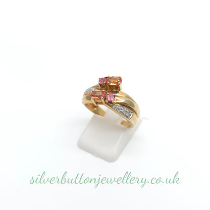9ct Yellow Gold Ceylon Padparadscha Sapphire And Diamond Wide Band Ring