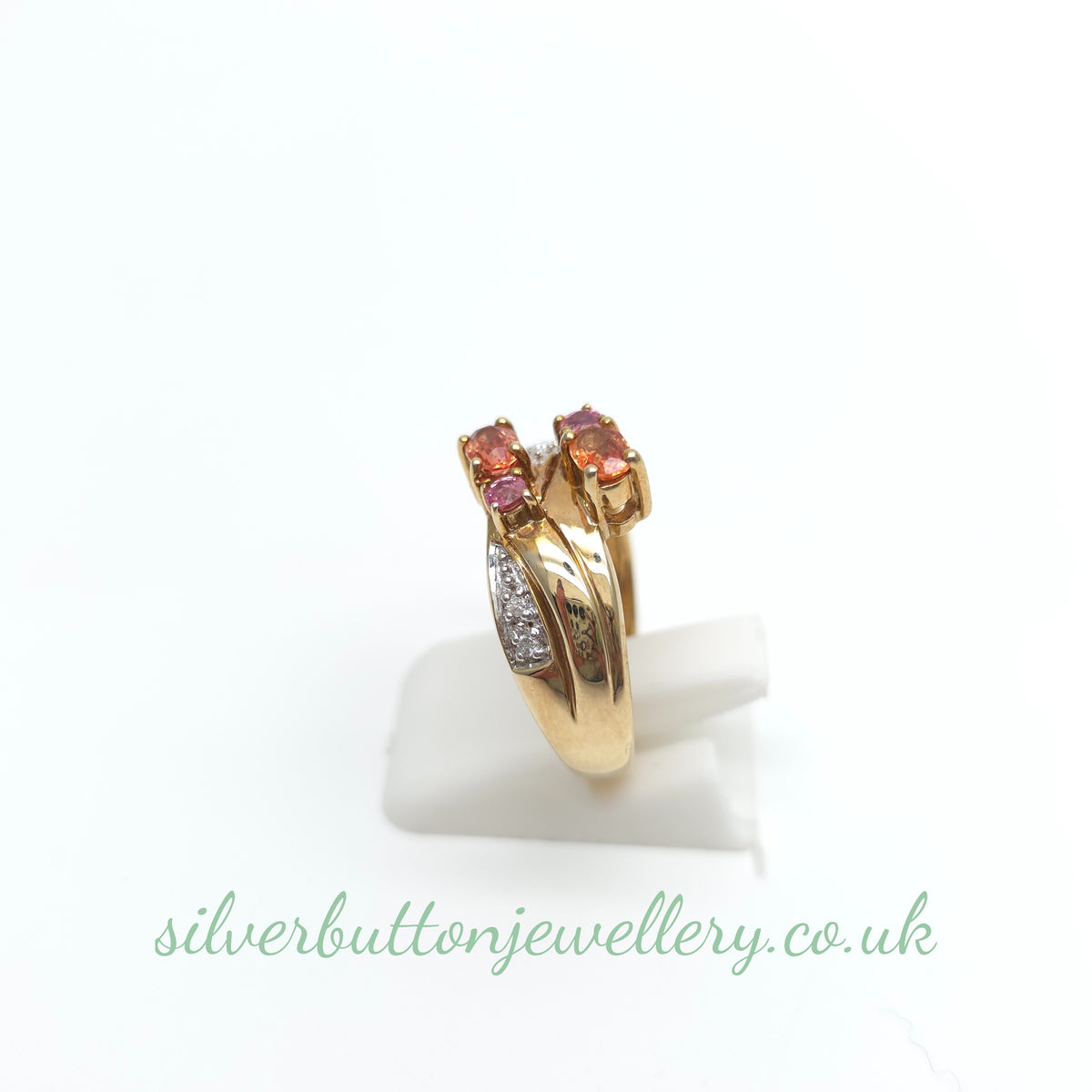 9ct Yellow Gold Ceylon Padparadscha Sapphire And Diamond Wide Band Ring