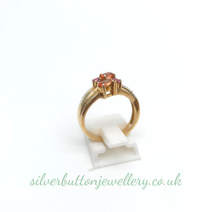 9ct Yellow Gold Ceylon Padparadscha Sapphire And Diamond Wide Band Ring
