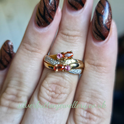 9ct Yellow Gold Ceylon Padparadscha Sapphire And Diamond Wide Band Ring