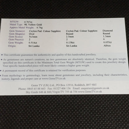 9ct Yellow Gold Ceylon Padparadscha Sapphire And Diamond Wide Band Ring