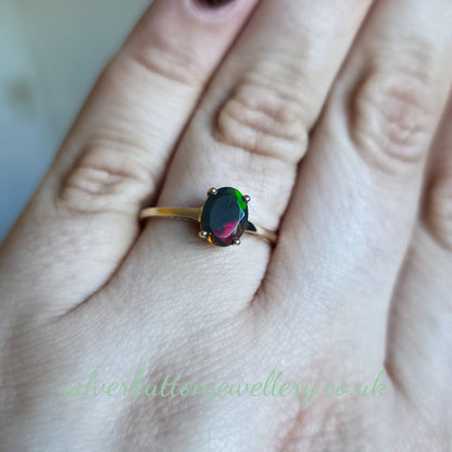10ct Yellow Gold Faceted Oval Cut Ammolite Solitaire Ring