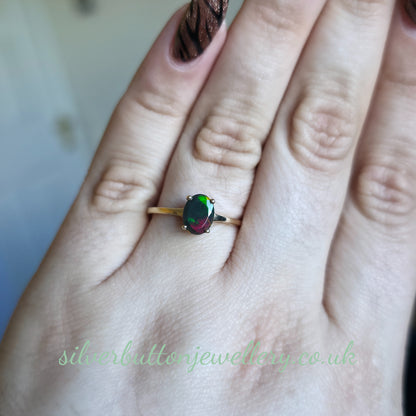 10ct Yellow Gold Faceted Oval Cut Ammolite Solitaire Ring