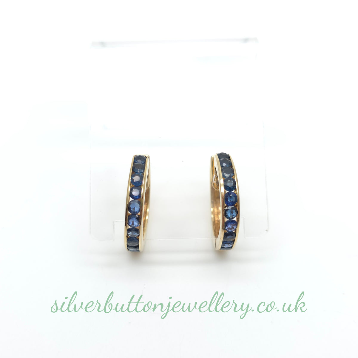 14ct Yellow Gold Vintage Channel Set Round Cut Sapphire Hoop Earrings