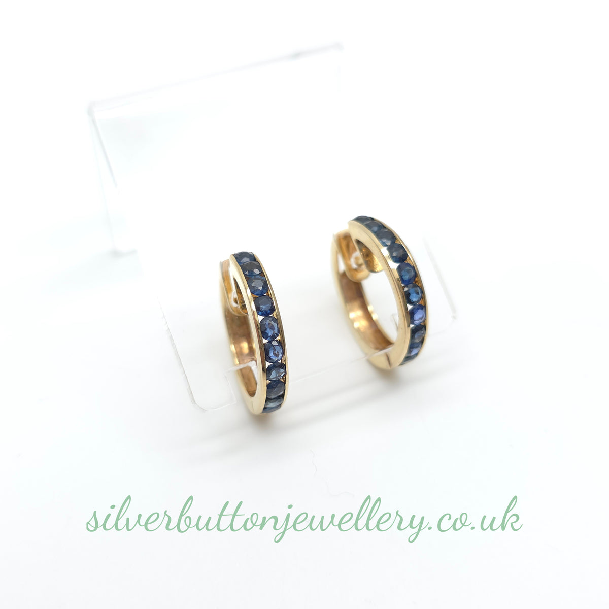 14ct Yellow Gold Vintage Channel Set Round Cut Sapphire Hoop Earrings