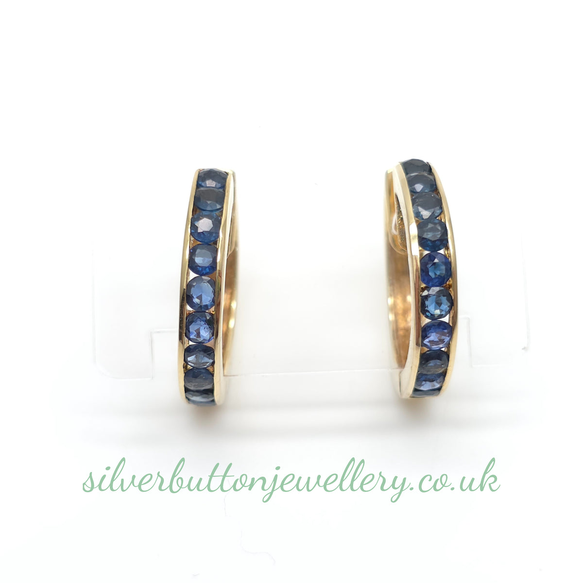 14ct Yellow Gold Vintage Channel Set Round Cut Sapphire Hoop Earrings