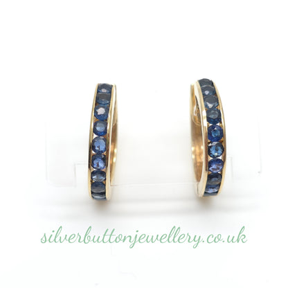 14ct Yellow Gold Vintage Channel Set Round Cut Sapphire Hoop Earrings