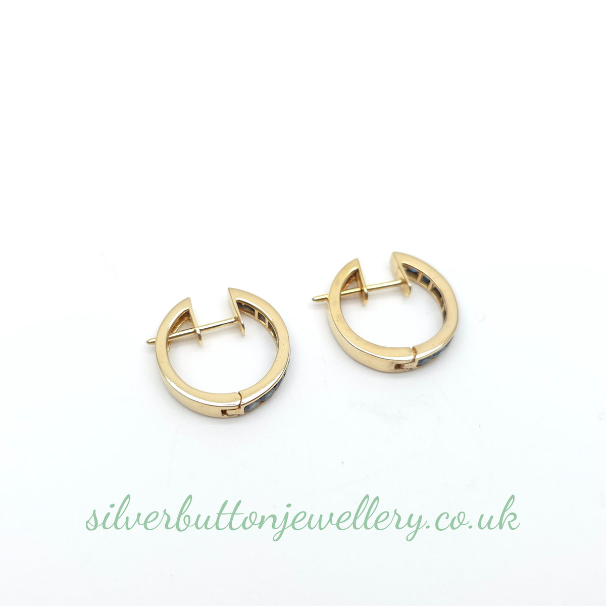 14ct Yellow Gold Vintage Channel Set Round Cut Sapphire Hoop Earrings