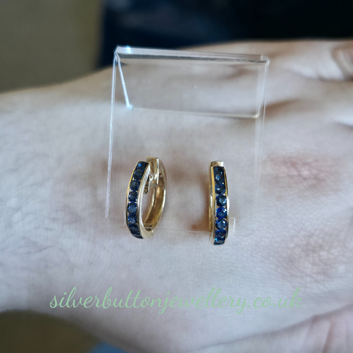 14ct Yellow Gold Vintage Channel Set Round Cut Sapphire Hoop Earrings