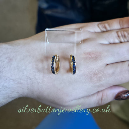 14ct Yellow Gold Vintage Channel Set Round Cut Sapphire Hoop Earrings