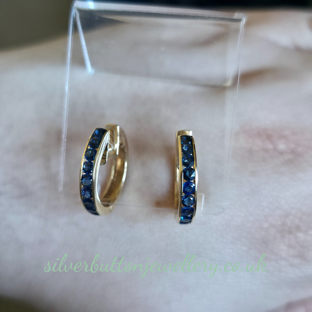 14ct Yellow Gold Vintage Channel Set Round Cut Sapphire Hoop Earrings