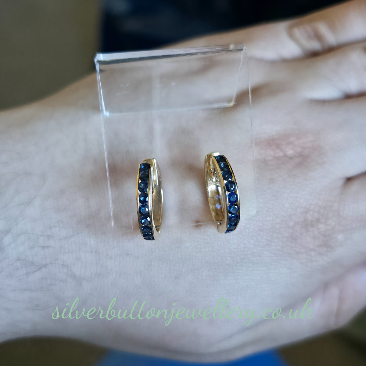 14ct Yellow Gold Vintage Channel Set Round Cut Sapphire Hoop Earrings