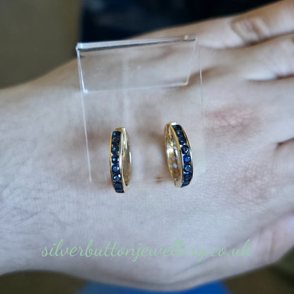 14ct Yellow Gold Vintage Channel Set Round Cut Sapphire Hoop Earrings