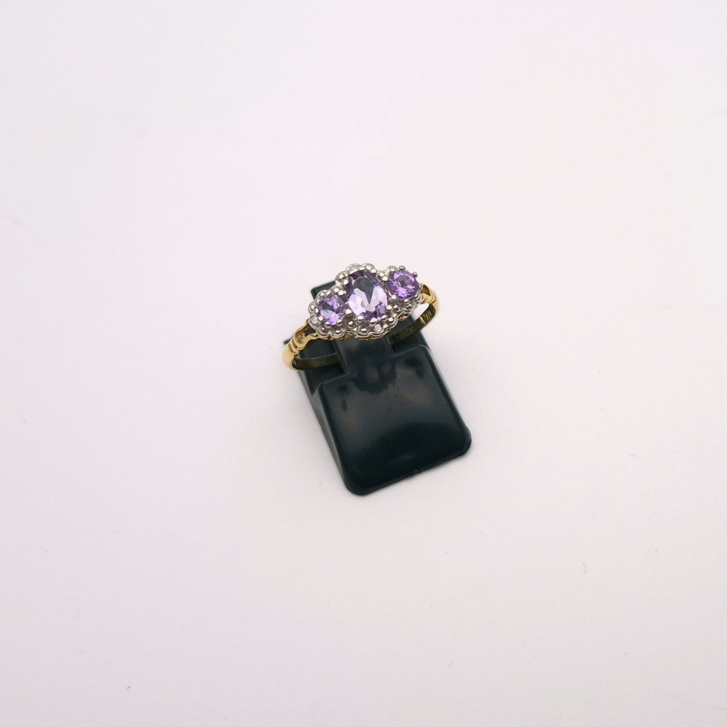 9ct Yellow Gold Three stone Amethyst and Diamond Halo Ring
