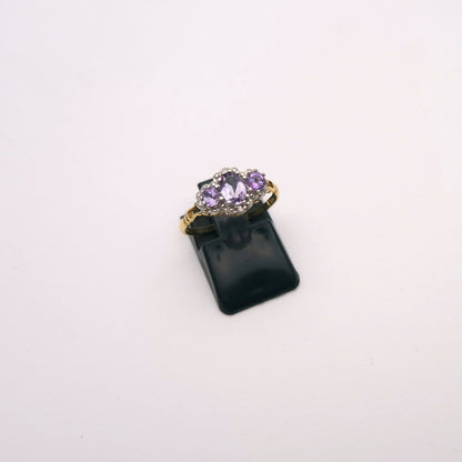 9ct Yellow Gold Three stone Amethyst and Diamond Halo Ring