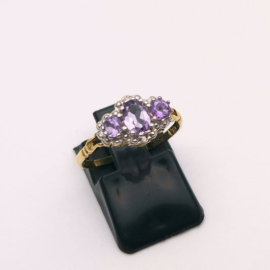 9ct Yellow Gold Three stone Amethyst and Diamond Halo Ring