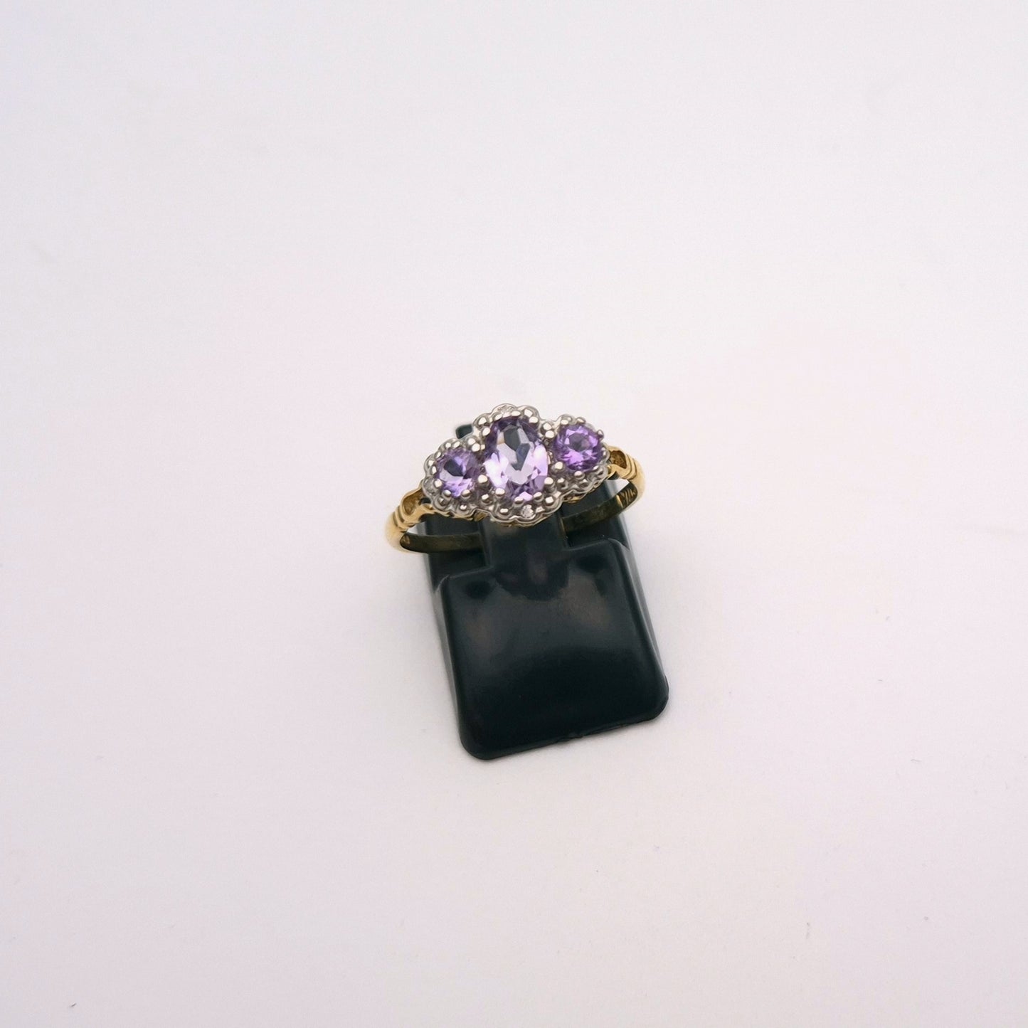 9ct Yellow Gold Three stone Amethyst and Diamond Halo Ring