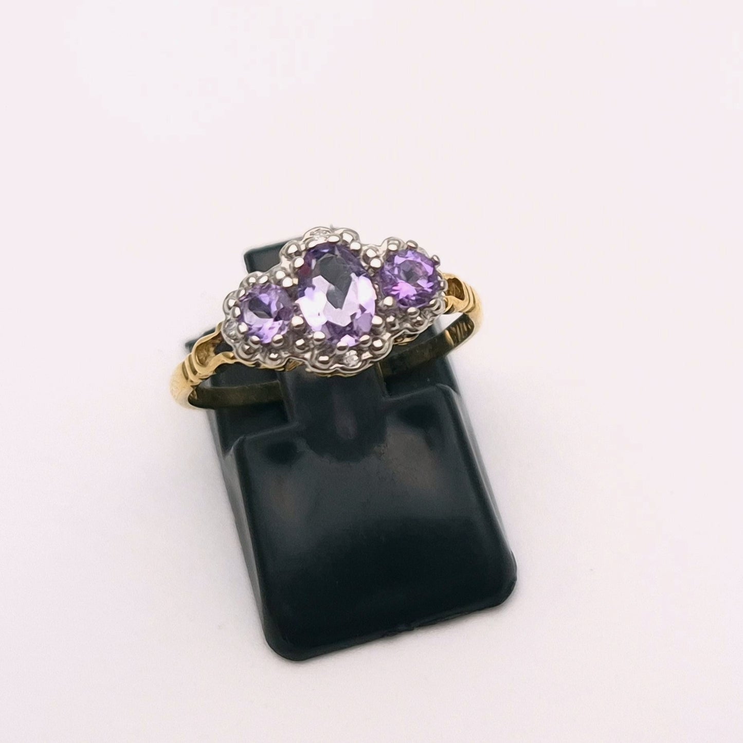 9ct Yellow Gold Three stone Amethyst and Diamond Halo Ring