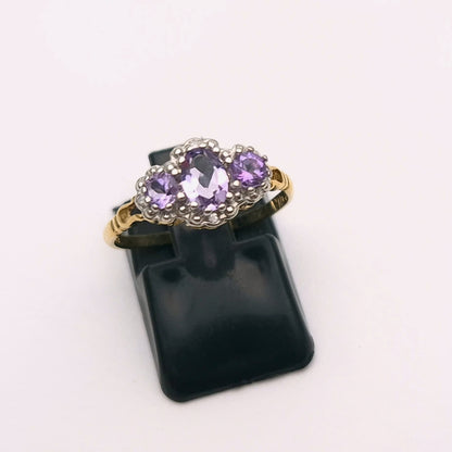 9ct Yellow Gold Three stone Amethyst and Diamond Halo Ring