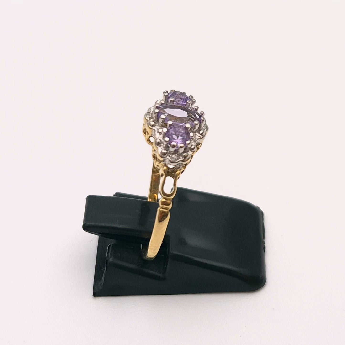 9ct Yellow Gold Three stone Amethyst and Diamond Halo Ring