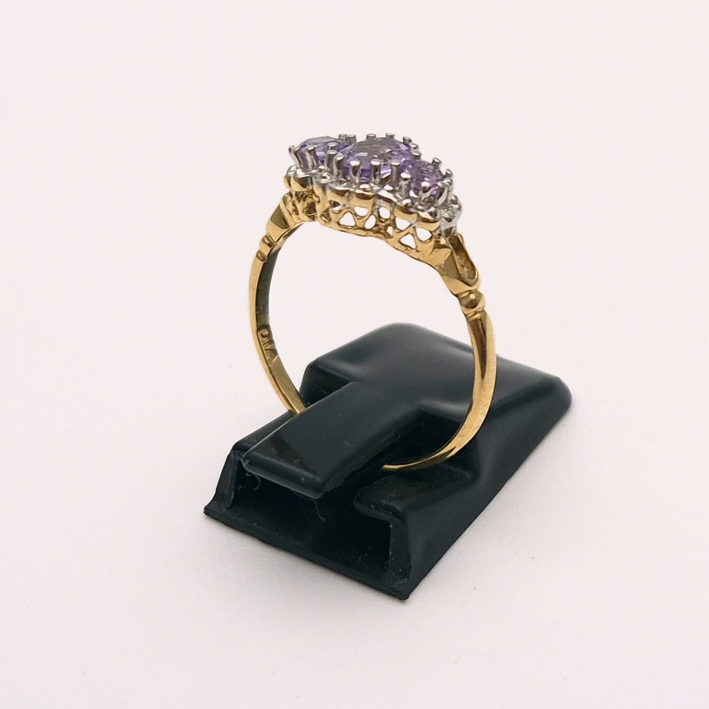 9ct Yellow Gold Three stone Amethyst and Diamond Halo Ring