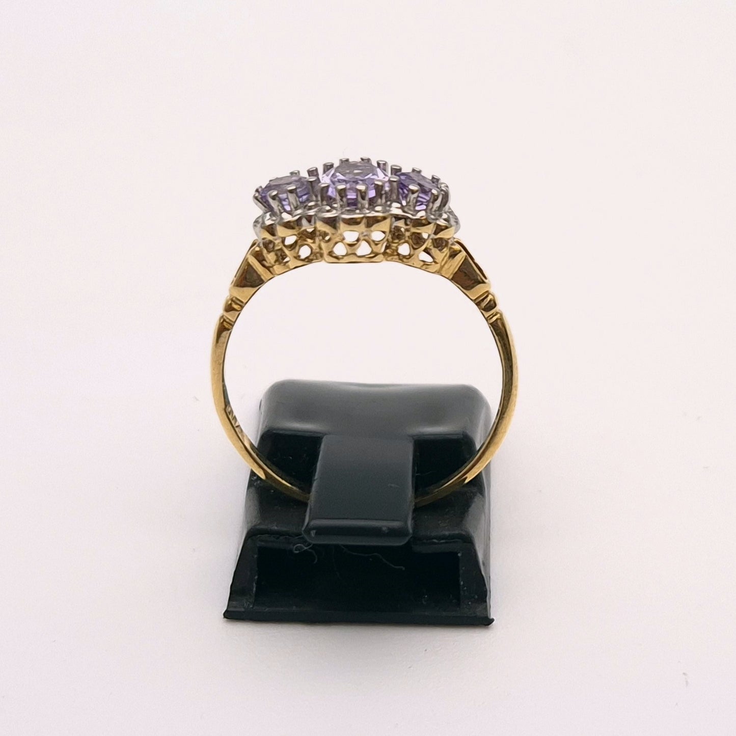 9ct Yellow Gold Three stone Amethyst and Diamond Halo Ring