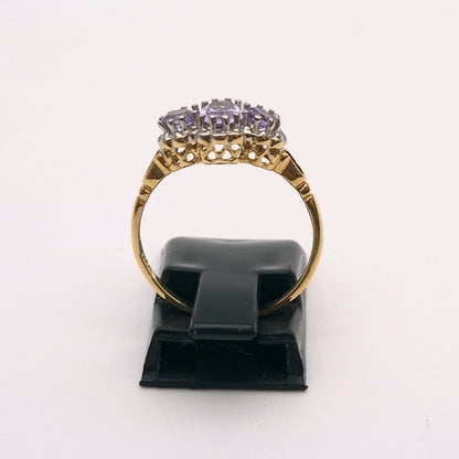 9ct Yellow Gold Three stone Amethyst and Diamond Halo Ring