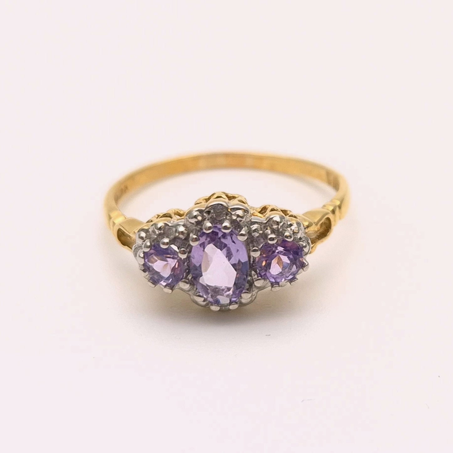 9ct Yellow Gold Three stone Amethyst and Diamond Halo Ring