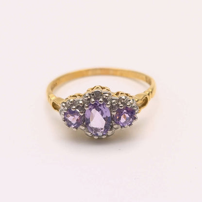 9ct Yellow Gold Three stone Amethyst and Diamond Halo Ring