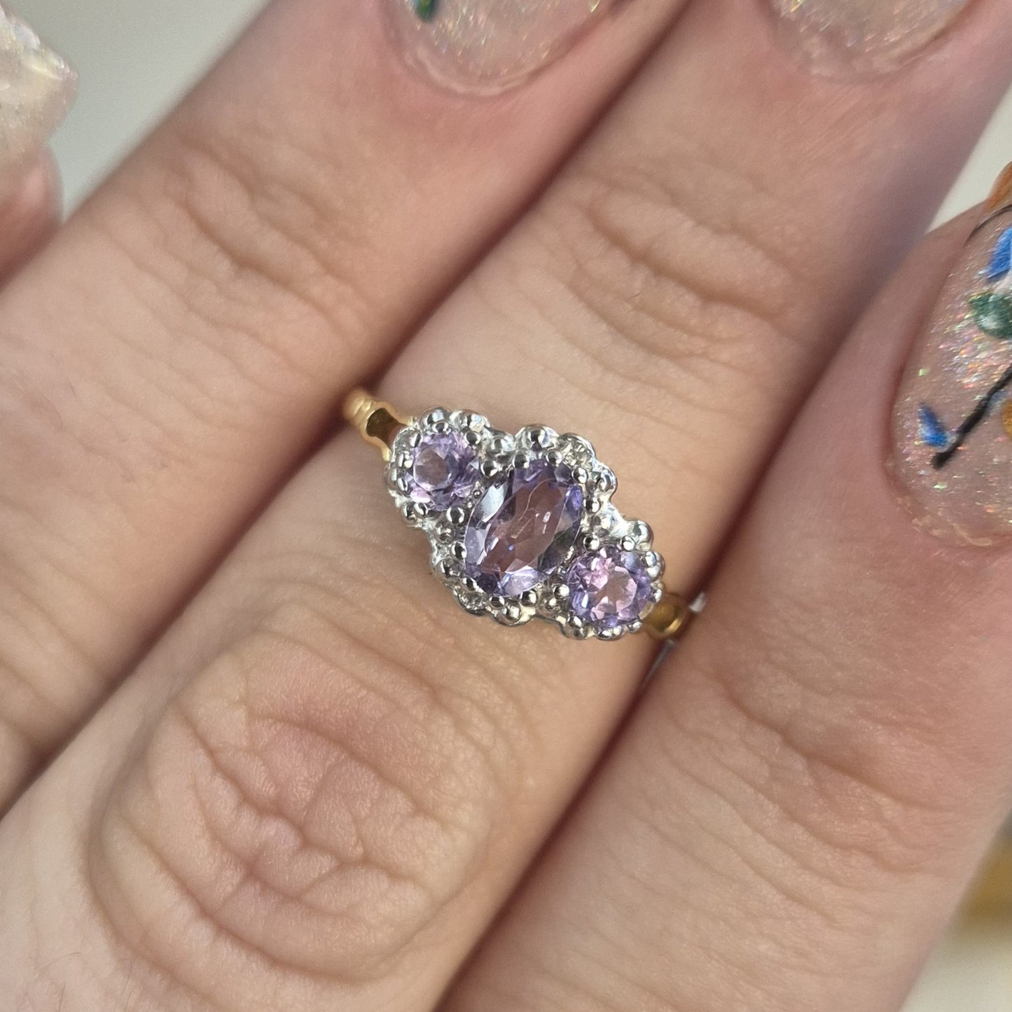 9ct Yellow Gold Three stone Amethyst and Diamond Halo Ring