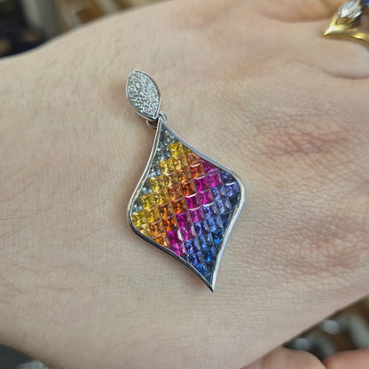 9ct White Gold Rainbow Vari-hue Sapphire and Diamond Large Pendant
