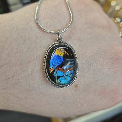 Sterling Silver Vintage Butterfly Wing Bird Detail Oval Pendant and Snake Chain