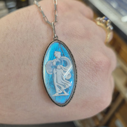 Sterling Silver Vintage Oval Butterfly Wing Cameo Pendant and Chain Necklace